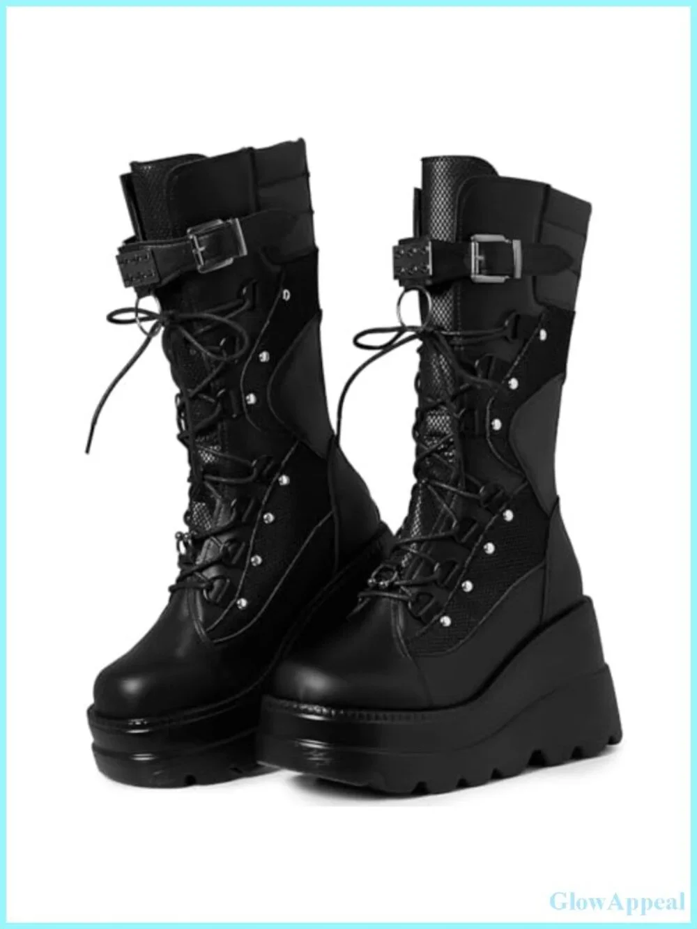 Women's Mid Calf Platform Boots PU Leather Lace Up Gothic